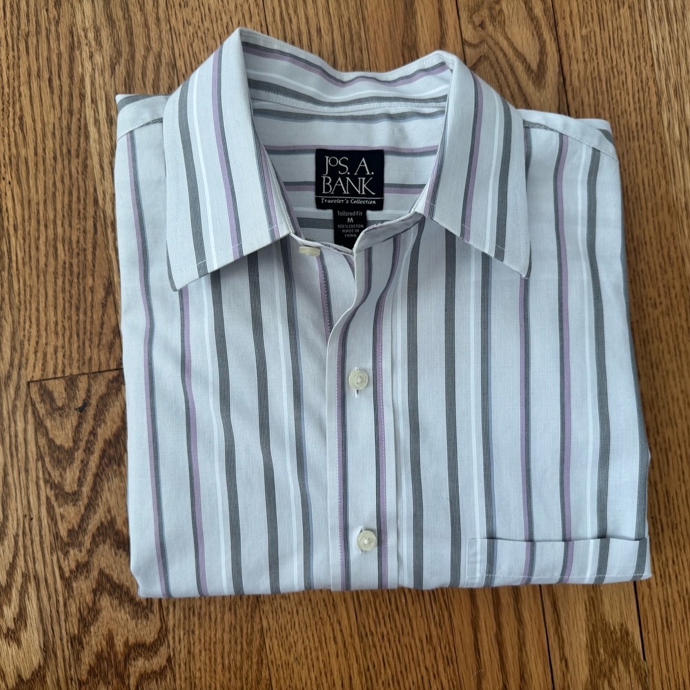 Jos. A. Bank Men's Dress Shirt - White and Purple Stripes Travelers Collection M